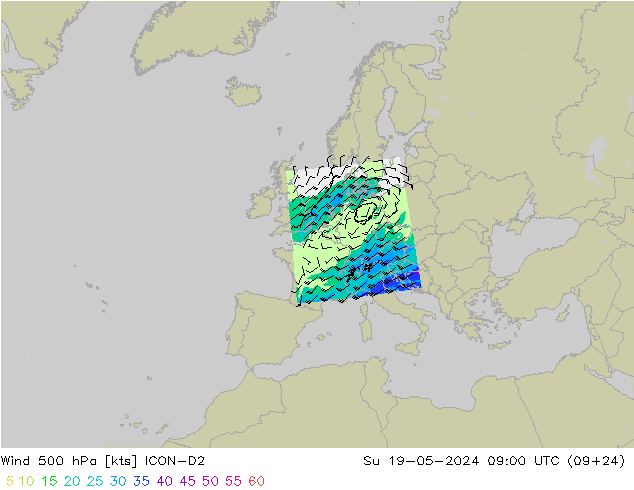 Wind 500 hPa ICON-D2 Ne 19.05.2024 09 UTC