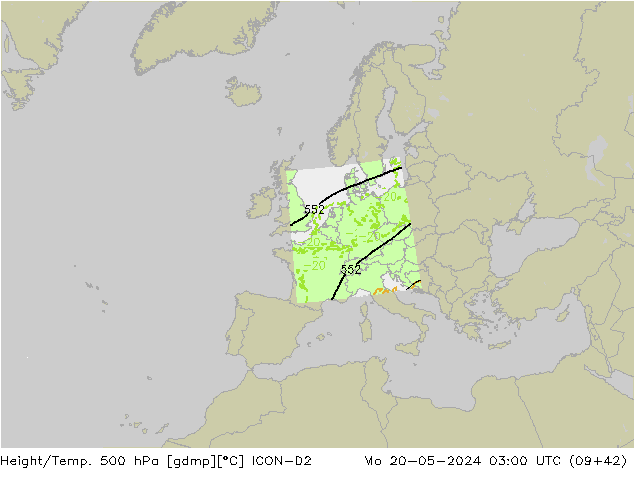 Height/Temp. 500 hPa ICON-D2 Mo 20.05.2024 03 UTC