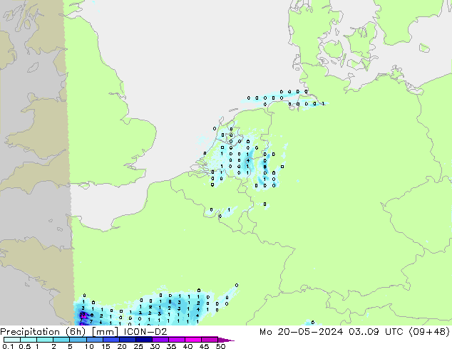 Precipitation (6h) ICON-D2 Mo 20.05.2024 09 UTC