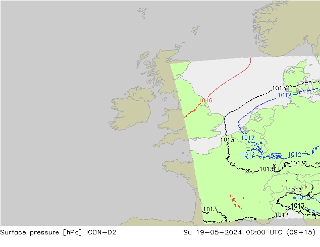 Presión superficial ICON-D2 dom 19.05.2024 00 UTC