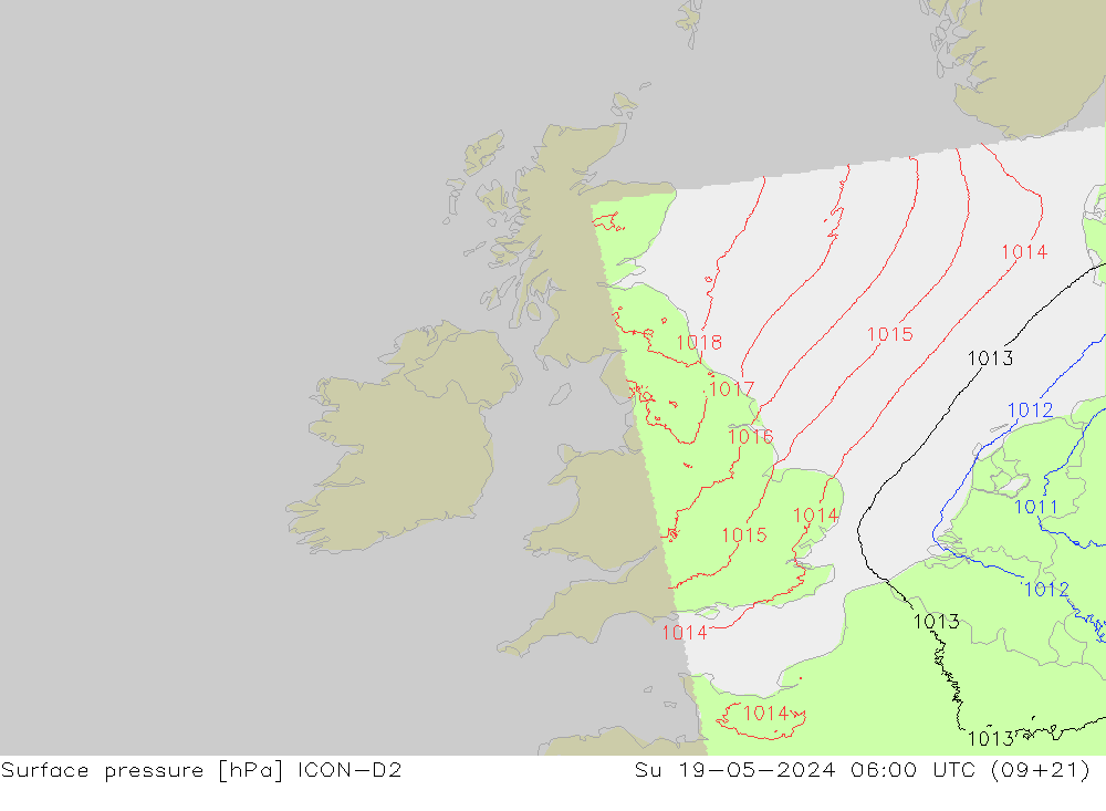 Luchtdruk (Grond) ICON-D2 zo 19.05.2024 06 UTC