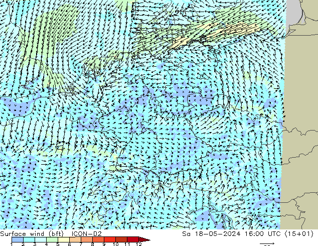 Surface wind (bft) ICON-D2 Sa 18.05.2024 16 UTC