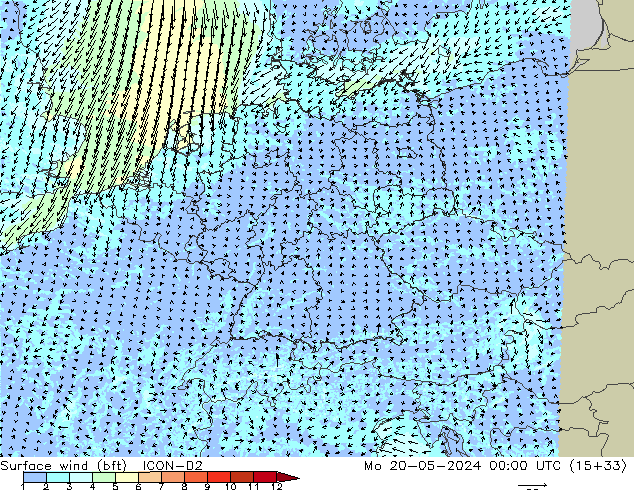 Surface wind (bft) ICON-D2 Mo 20.05.2024 00 UTC