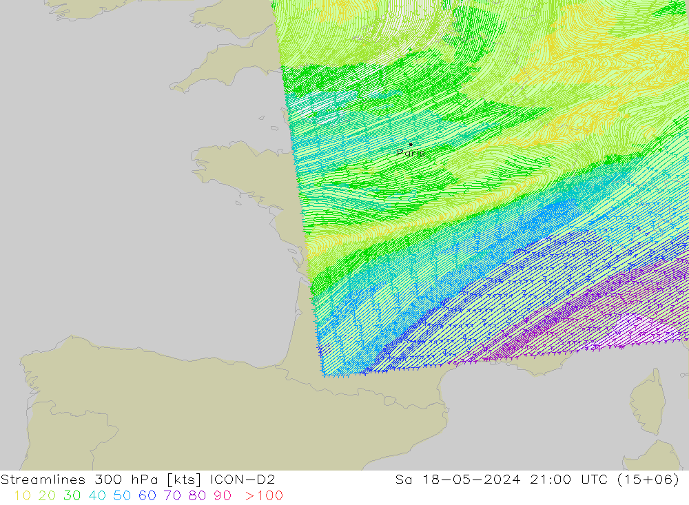 Streamlines 300 hPa ICON-D2 Sa 18.05.2024 21 UTC