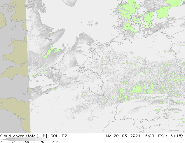 Cloud cover (total) ICON-D2 Mo 20.05.2024 15 UTC