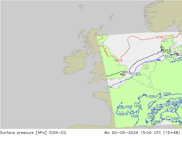 Presión superficial ICON-D2 lun 20.05.2024 15 UTC