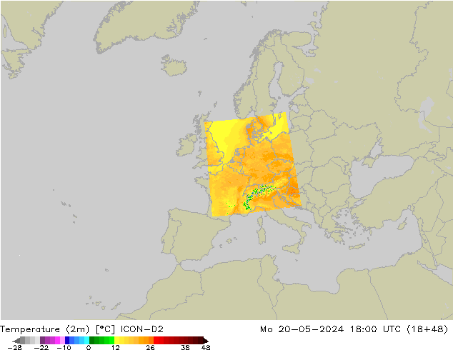 карта температуры ICON-D2 пн 20.05.2024 18 UTC