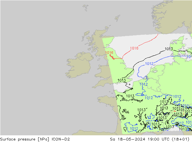 Surface pressure ICON-D2 Sa 18.05.2024 19 UTC