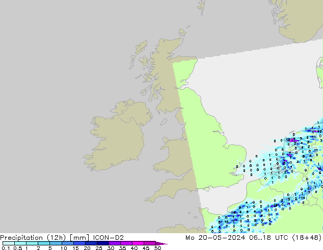 Precipitation (12h) ICON-D2 Mo 20.05.2024 18 UTC