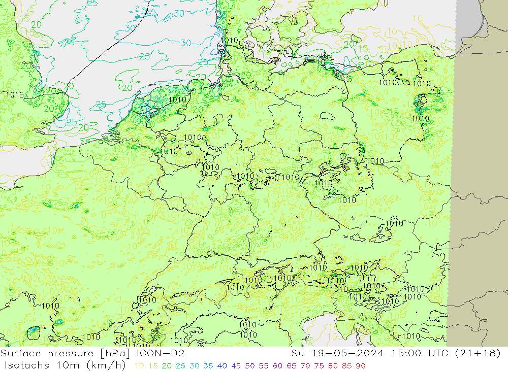 Isotachs (kph) ICON-D2 dim 19.05.2024 15 UTC