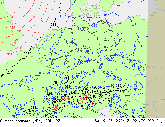 Atmosférický tlak ICON-D2 Ne 19.05.2024 21 UTC