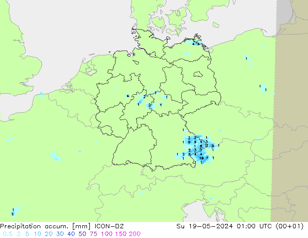 Precipitation accum. ICON-D2 nie. 19.05.2024 01 UTC