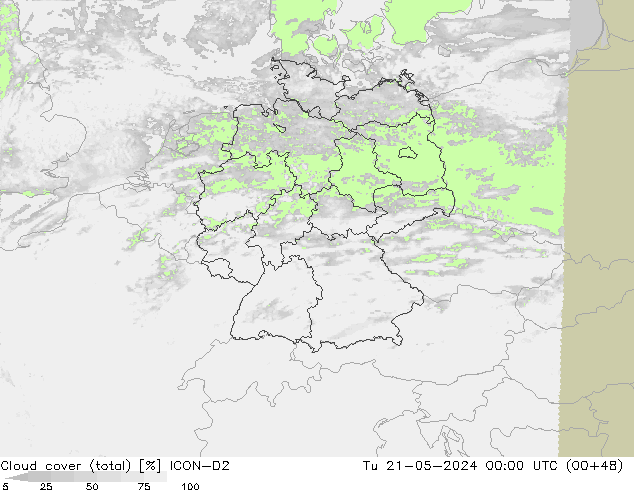 nuvens (total) ICON-D2 Ter 21.05.2024 00 UTC
