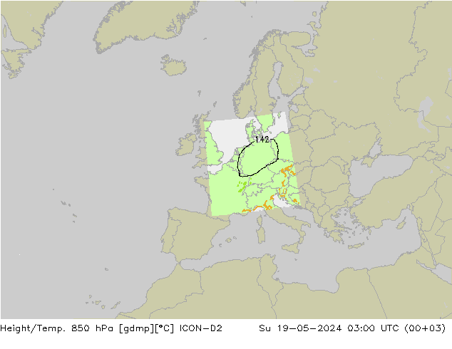 Hoogte/Temp. 850 hPa ICON-D2 zo 19.05.2024 03 UTC