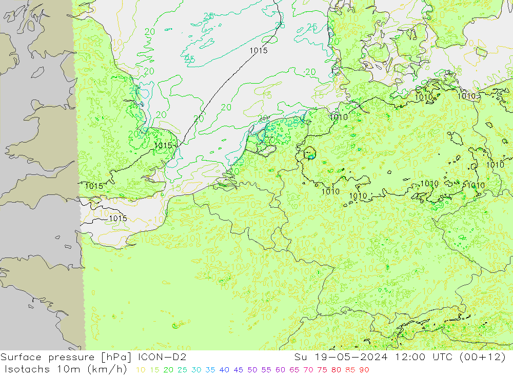 Izotacha (km/godz) ICON-D2 nie. 19.05.2024 12 UTC
