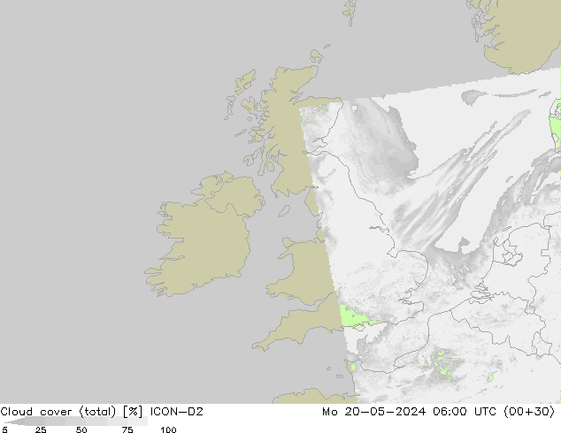 Cloud cover (total) ICON-D2 Po 20.05.2024 06 UTC