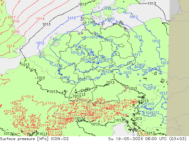 Presión superficial ICON-D2 dom 19.05.2024 06 UTC
