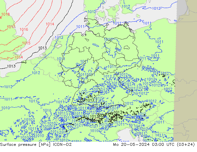 地面气压 ICON-D2 星期一 20.05.2024 03 UTC