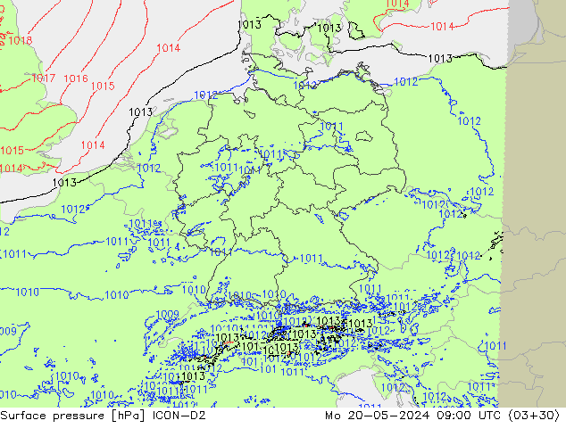 Atmosférický tlak ICON-D2 Po 20.05.2024 09 UTC