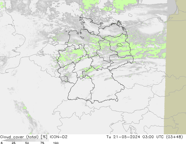 Cloud cover (total) ICON-D2 Tu 21.05.2024 03 UTC