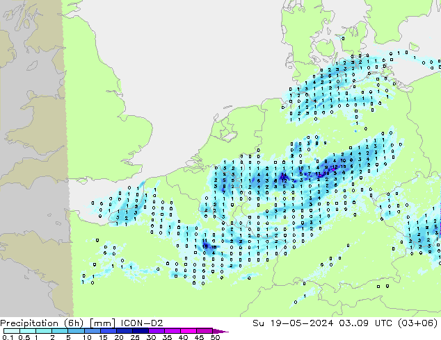 Precipitation (6h) ICON-D2 Su 19.05.2024 09 UTC