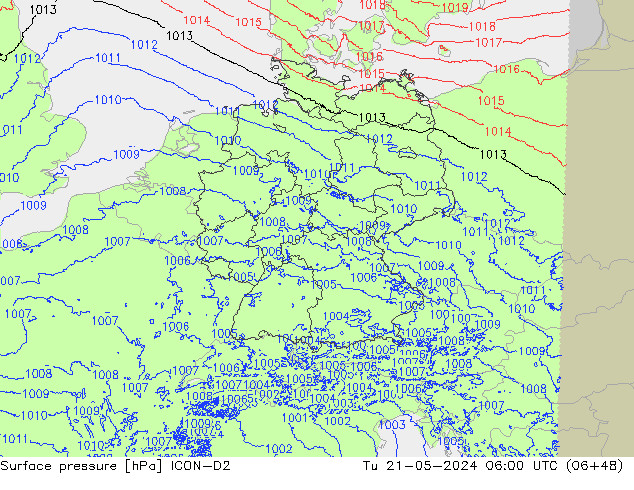 Atmosférický tlak ICON-D2 Út 21.05.2024 06 UTC