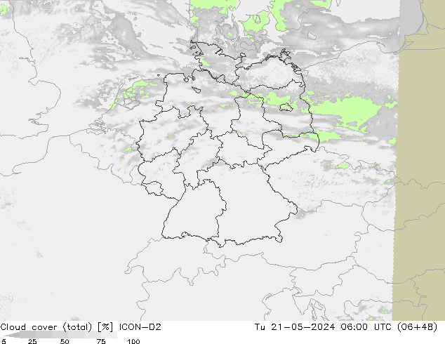 Cloud cover (total) ICON-D2 Tu 21.05.2024 06 UTC
