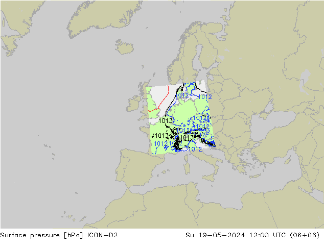 Pressione al suolo ICON-D2 dom 19.05.2024 12 UTC