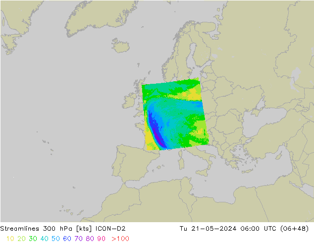 Rüzgar 300 hPa ICON-D2 Sa 21.05.2024 06 UTC