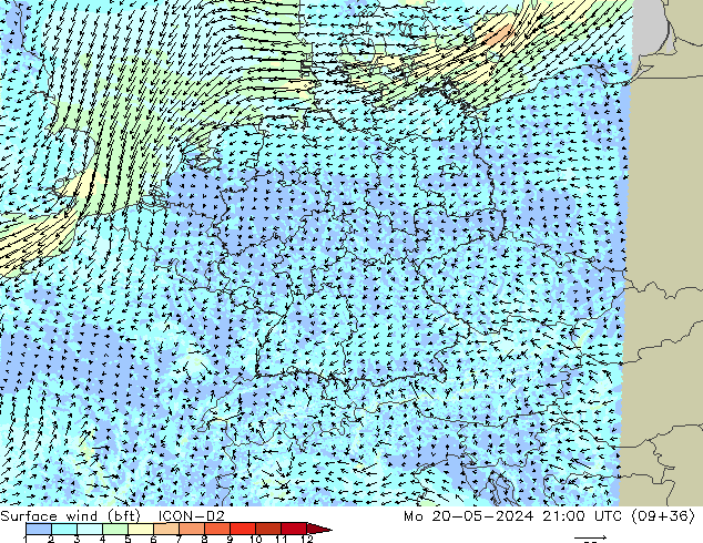 Surface wind (bft) ICON-D2 Po 20.05.2024 21 UTC
