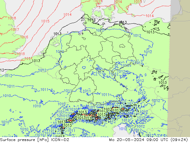 Atmosférický tlak ICON-D2 Po 20.05.2024 09 UTC