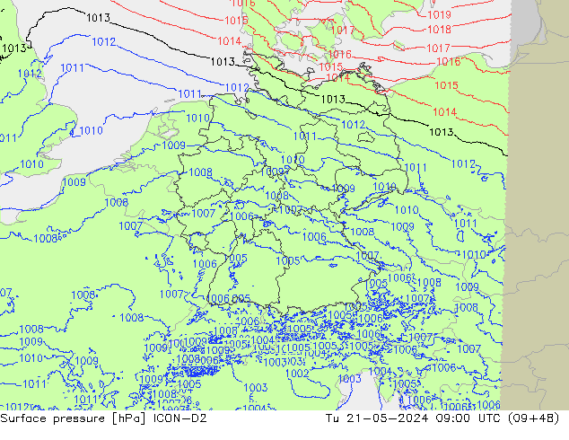 Atmosférický tlak ICON-D2 Út 21.05.2024 09 UTC
