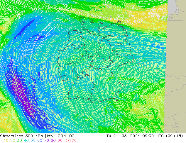 Rüzgar 300 hPa ICON-D2 Sa 21.05.2024 09 UTC