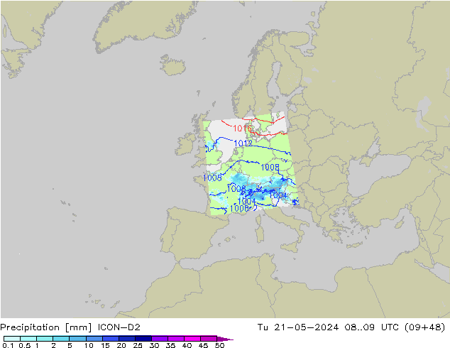 Srážky ICON-D2 Út 21.05.2024 09 UTC