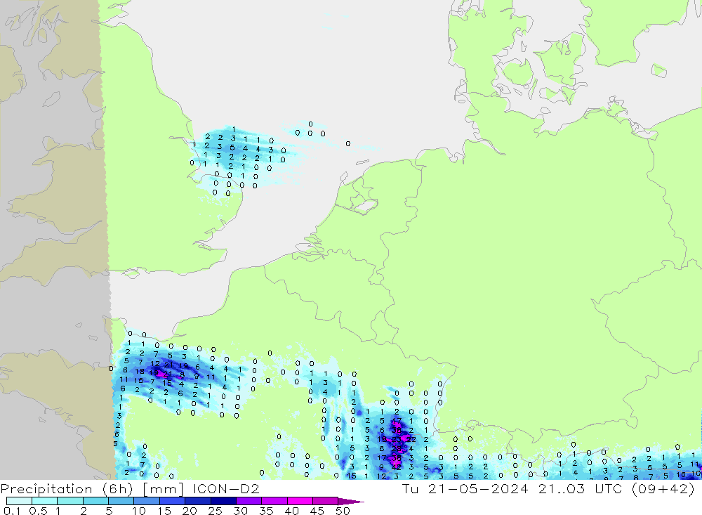 Totale neerslag (6h) ICON-D2 di 21.05.2024 03 UTC
