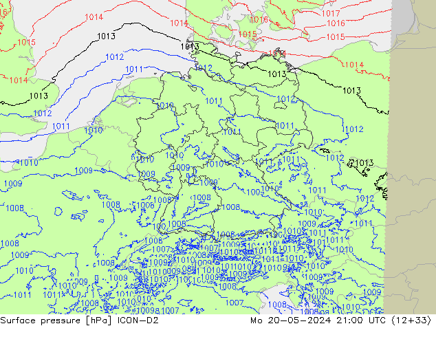 Atmosférický tlak ICON-D2 Po 20.05.2024 21 UTC