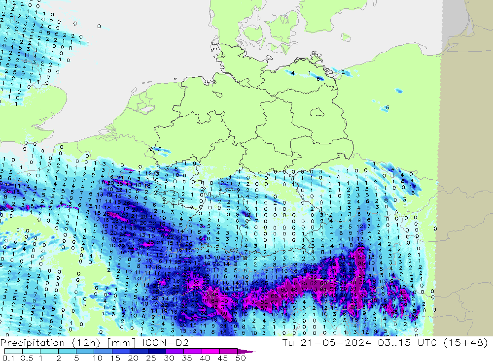 Precipitation (12h) ICON-D2 Tu 21.05.2024 15 UTC