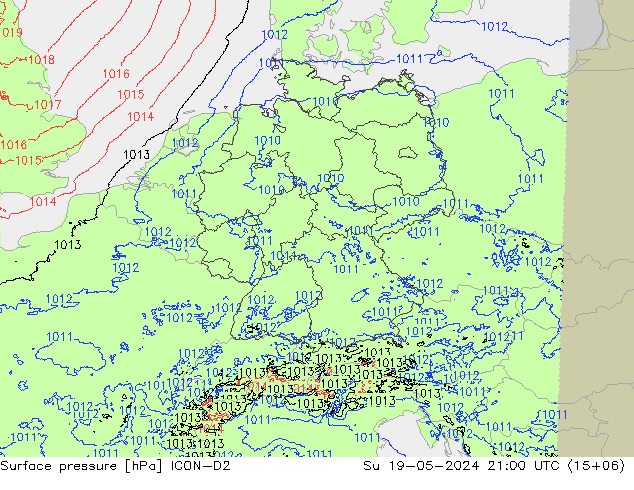 Surface pressure ICON-D2 Su 19.05.2024 21 UTC