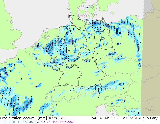 Precipitation accum. ICON-D2 Su 19.05.2024 21 UTC