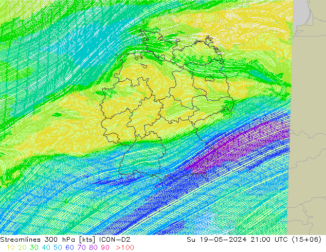 Streamlines 300 hPa ICON-D2 Su 19.05.2024 21 UTC