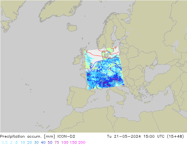 Precipitation accum. ICON-D2 Tu 21.05.2024 15 UTC