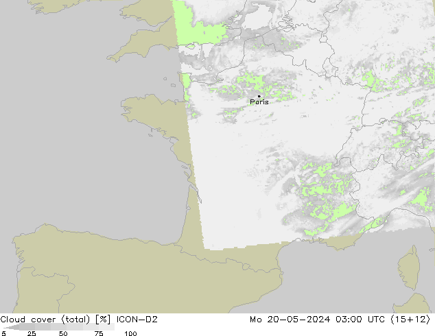 Wolken (gesamt) ICON-D2 Mo 20.05.2024 03 UTC