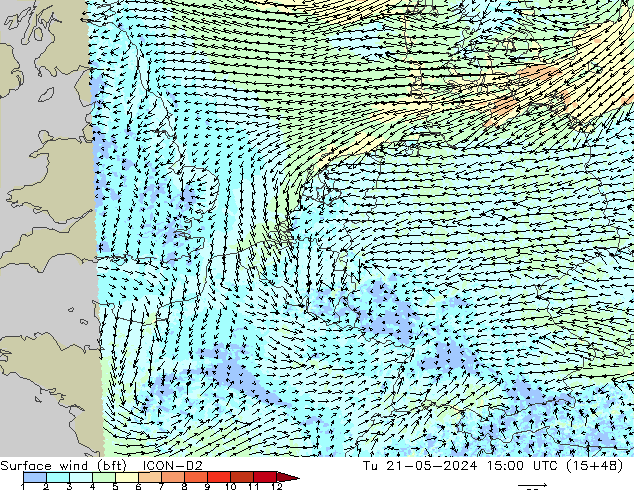 Vent 10 m (bft) ICON-D2 mar 21.05.2024 15 UTC