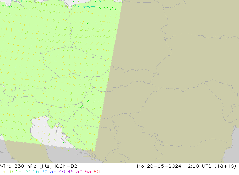 Rüzgar 850 hPa ICON-D2 Pzt 20.05.2024 12 UTC