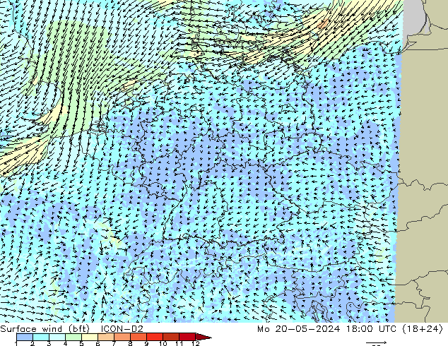 Surface wind (bft) ICON-D2 Po 20.05.2024 18 UTC