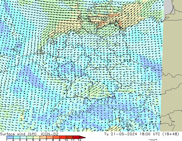 Surface wind (bft) ICON-D2 Tu 21.05.2024 18 UTC