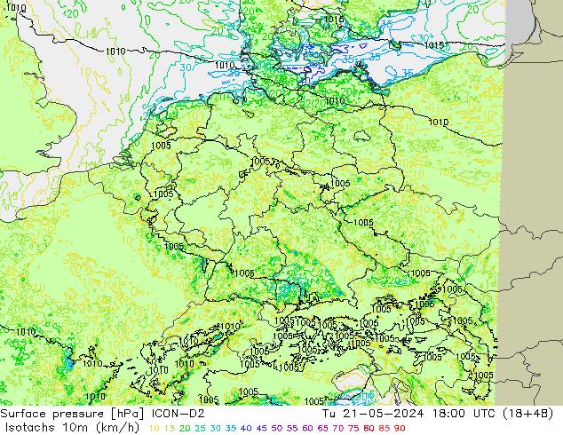 Izotacha (km/godz) ICON-D2 wto. 21.05.2024 18 UTC