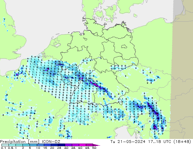 Precipitation ICON-D2 Tu 21.05.2024 18 UTC