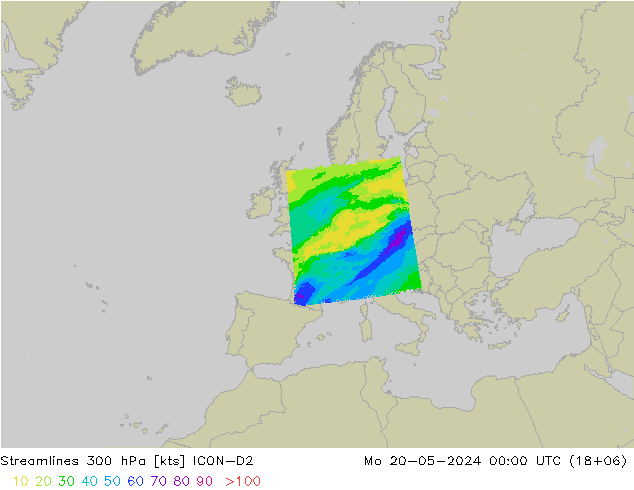 Linea di flusso 300 hPa ICON-D2 lun 20.05.2024 00 UTC