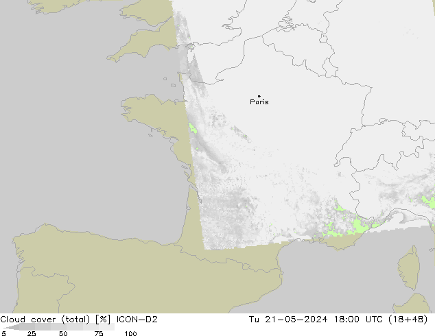 Cloud cover (total) ICON-D2 Tu 21.05.2024 18 UTC